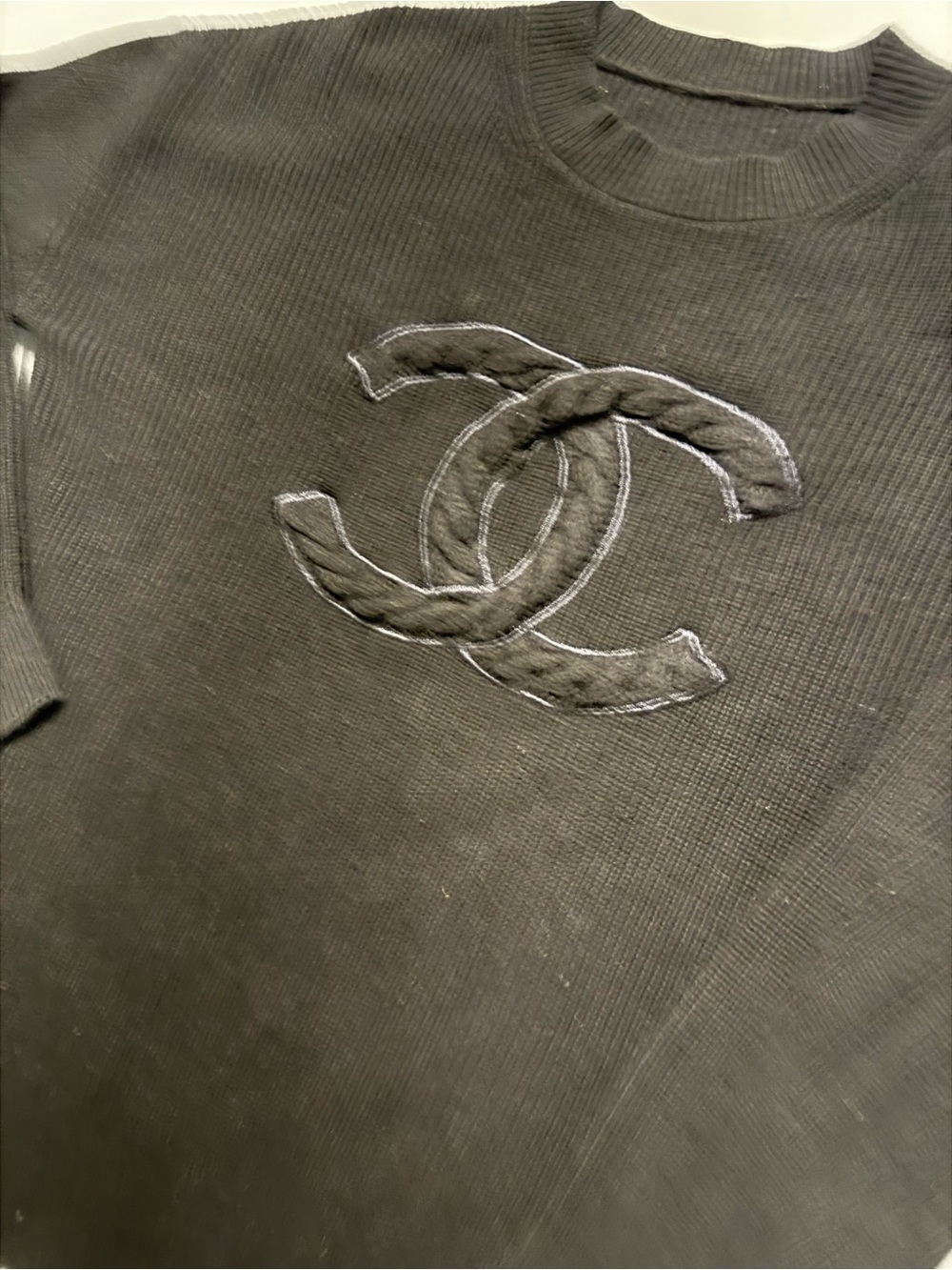 CHANEL Black Crewneck Sweater with Embroidered CC Logo - Picture 6 of 7